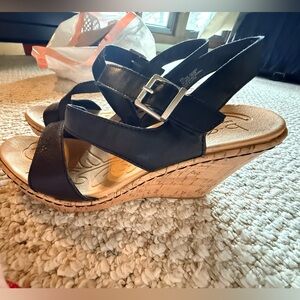 BOC Black Wedge Sandals with silver colored Buckle Strap